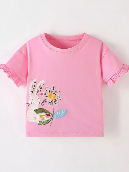 Children's Cute Bunny & Flower Applique Ruffle Sleeve T-Shirt