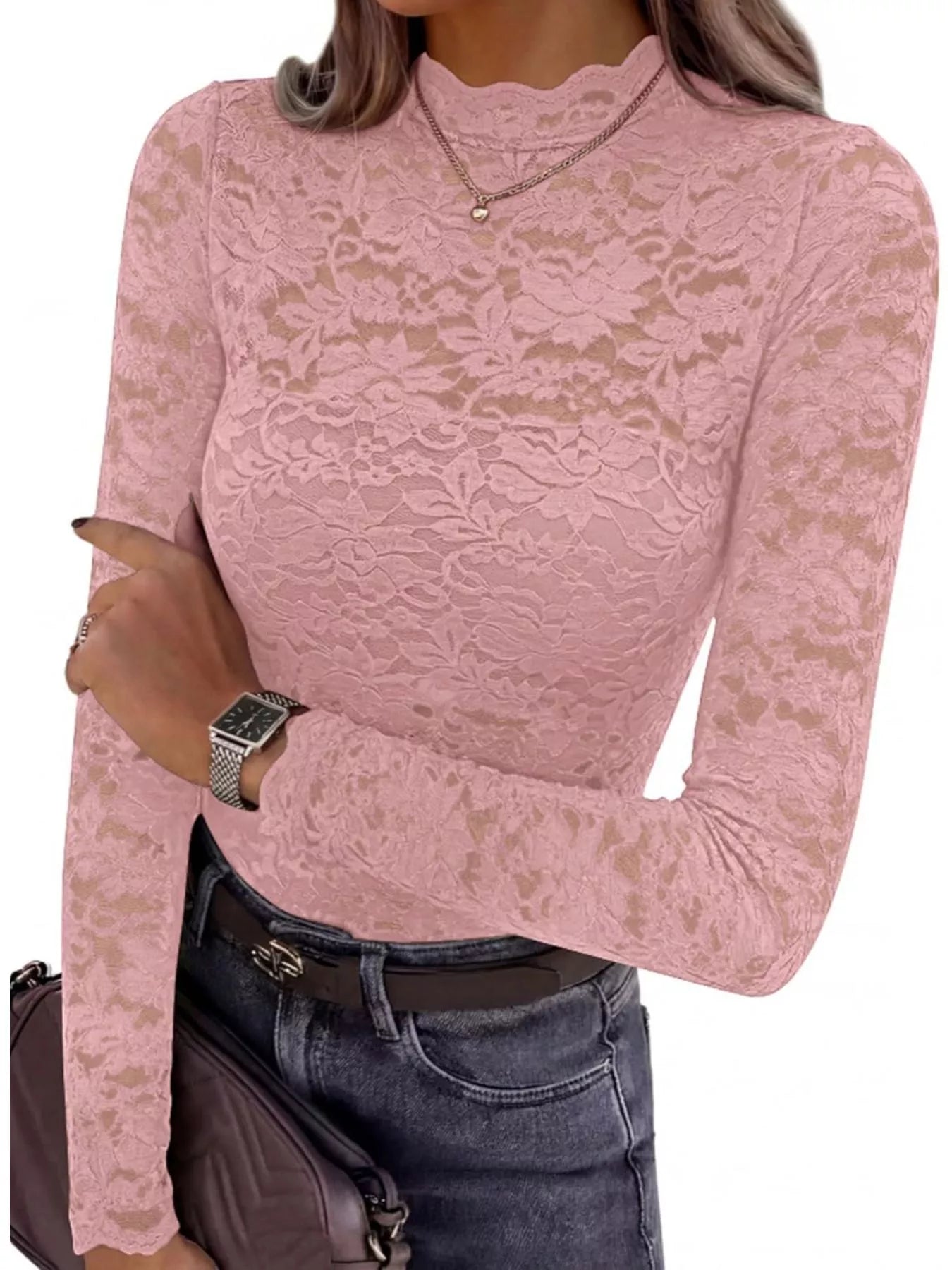 Lace Mock Neck Long Sleeve Top
