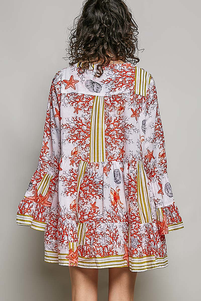 POL Striped Floral Long Sleeve Mini Dress with Pintuck Detail