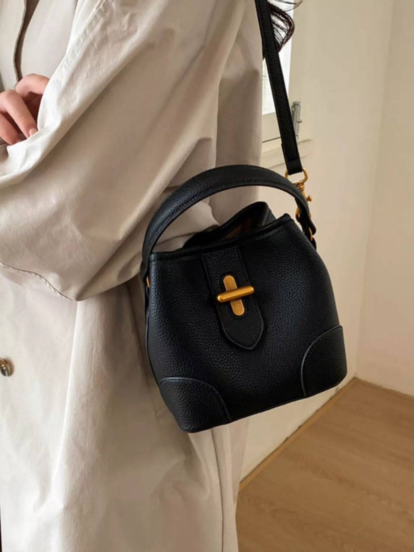Textured Leather Bucket Crossbody Bag