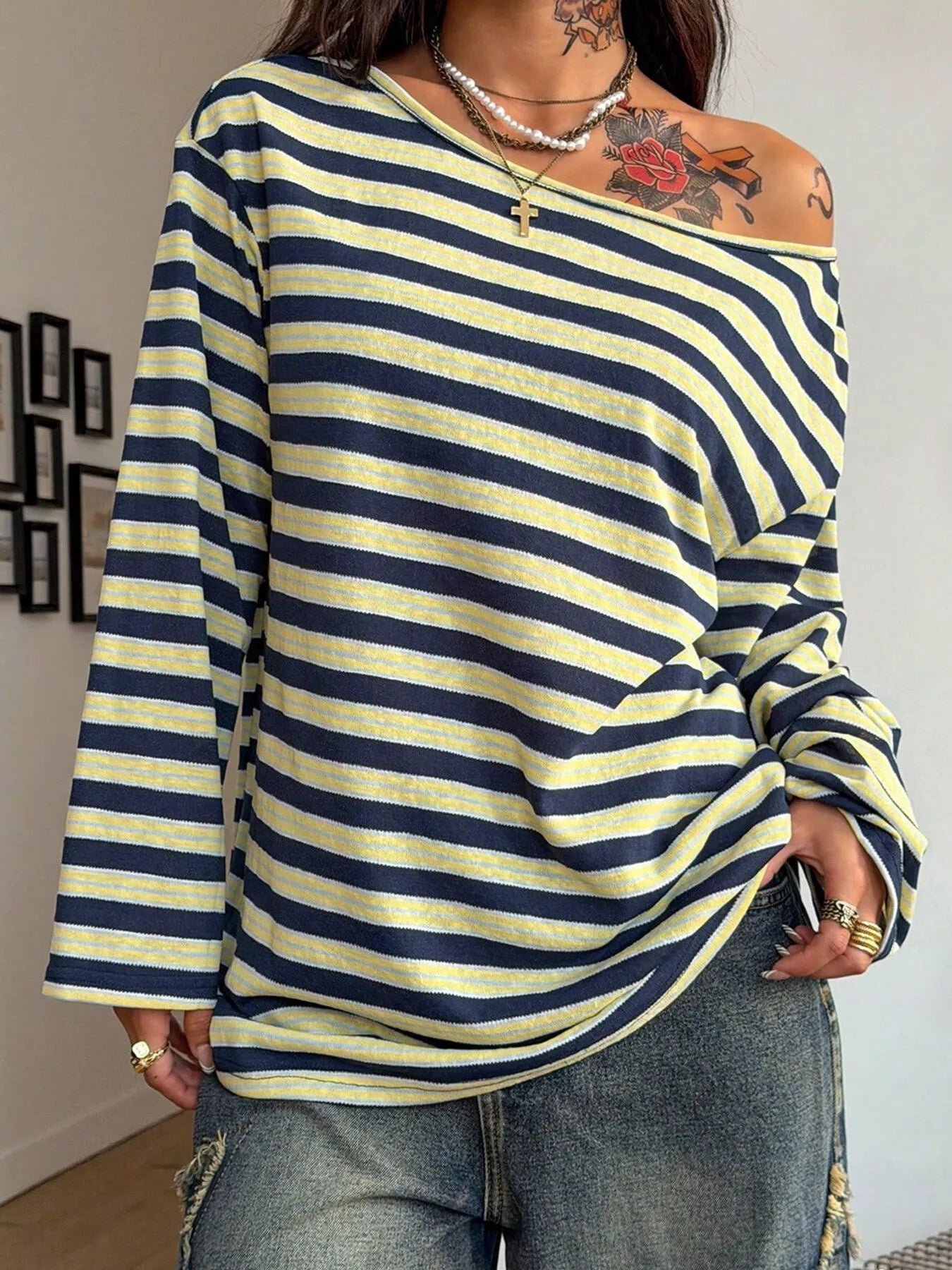 Striped Boat Neck Long Sleeve T-Shirt