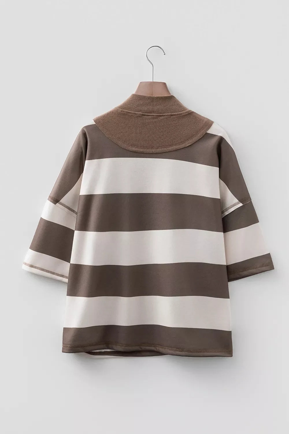 Striped Color Block Zip Collar 3/4 Sleeve Oversize Sweatshirt