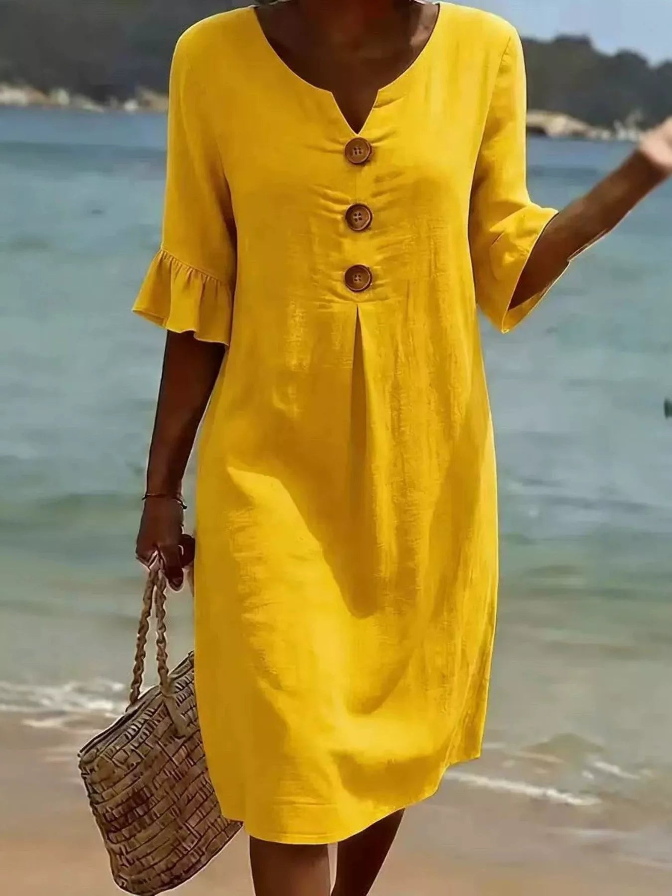 Full Size Casual Decor Button Dress with Ruffle Sleeves Plus Size