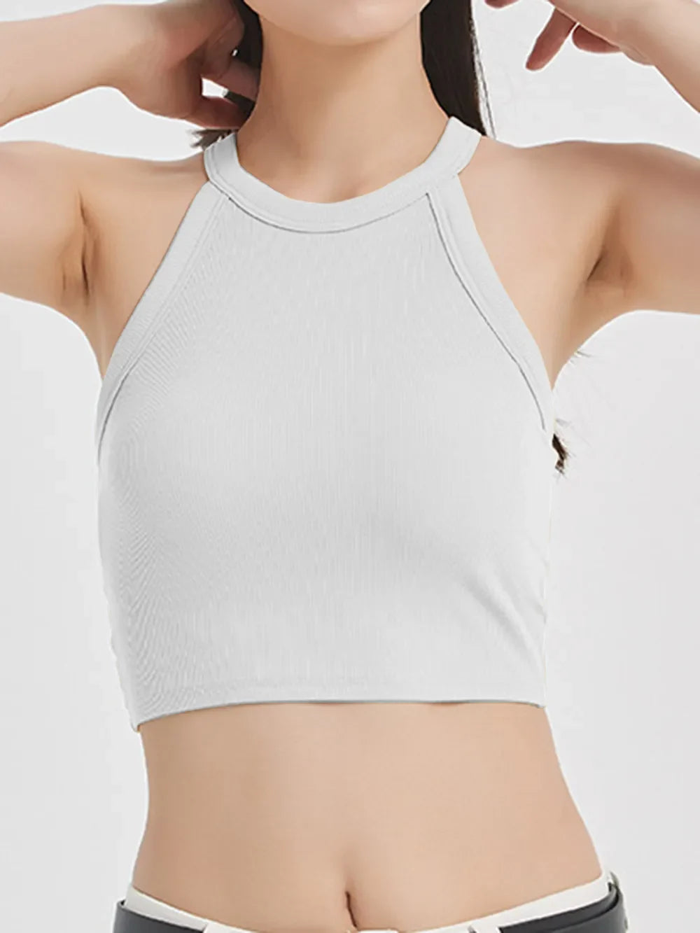 Ribbed Grecian Neck Cropped Tank with Chest Pads