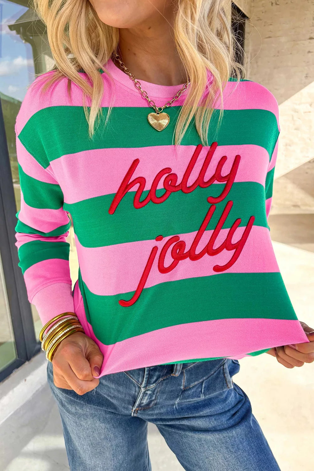 Stripe holly jolly Letter Embroidered Pullover Sweatshirt