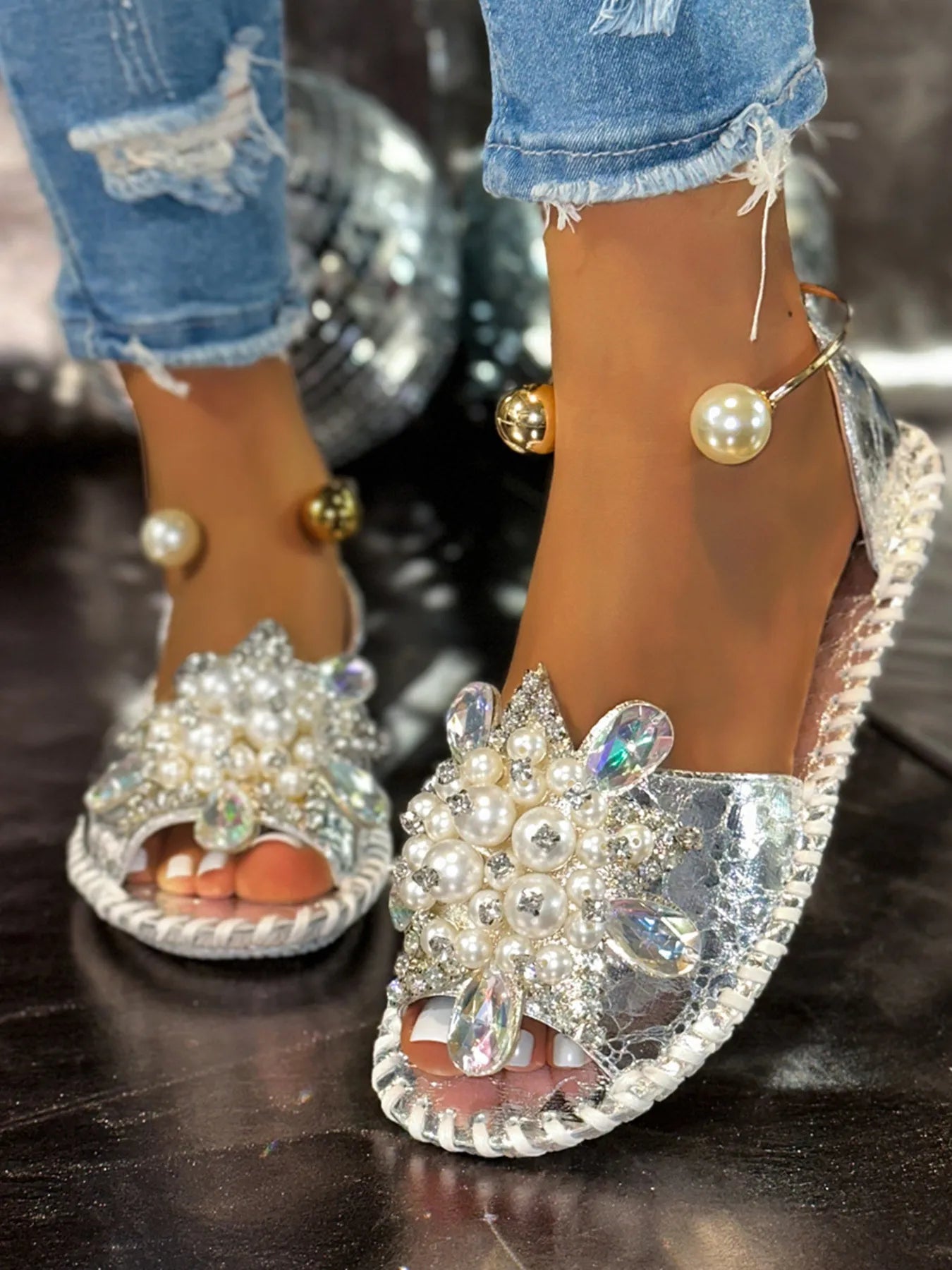 Pearl Crystal Embellished Flat Sandals