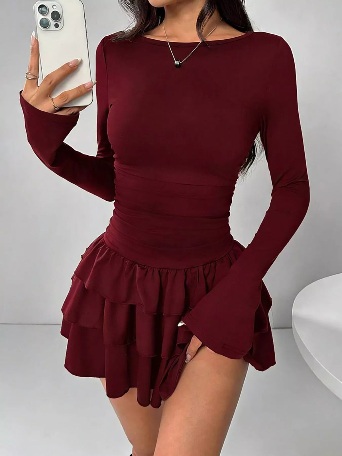 Layered Ruffle Long Sleeve Mini Dress