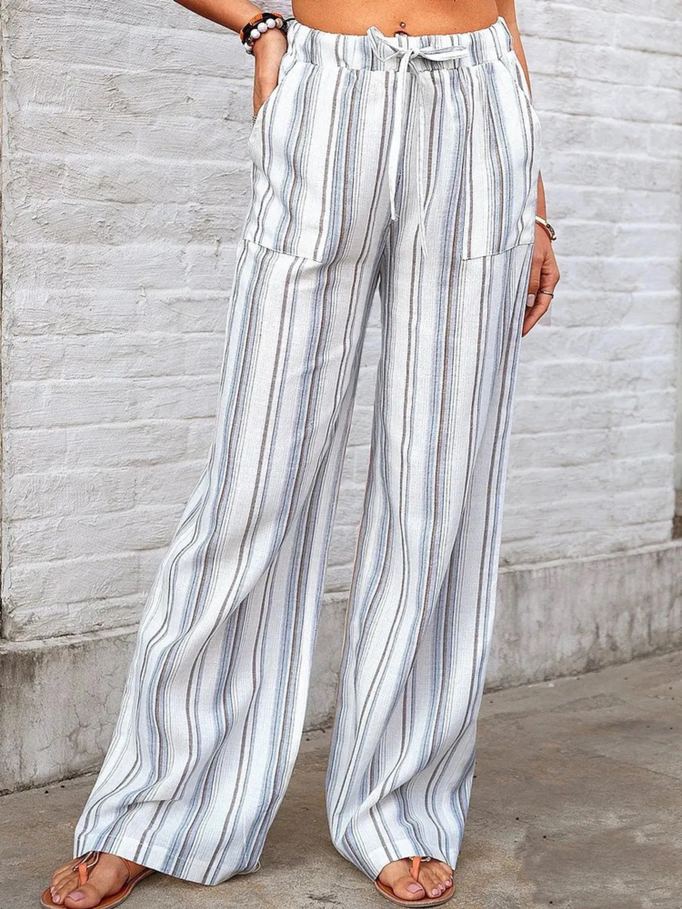 Full Size Striped Wide Leg Pants Plus Size