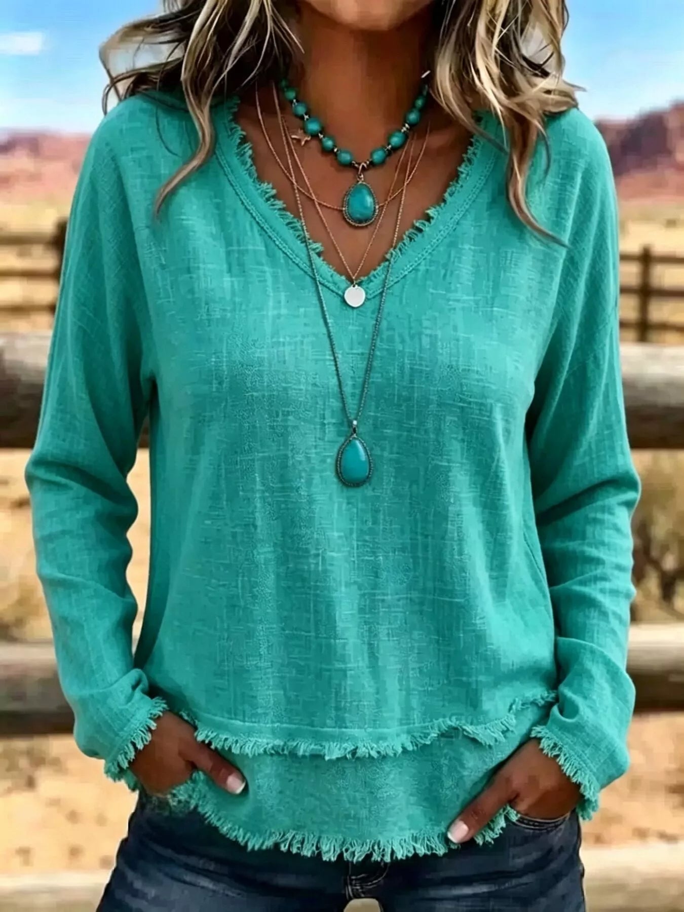 V-Neck Long Sleeve Blouse with Frayed Hem Detail