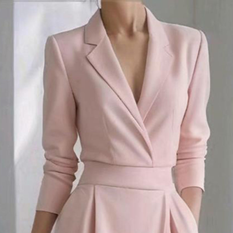 Women's Solid Color Lapel Midi Dress, Bodycon Asymmetrical Hem Dress With Pockets For Formal Occasions
