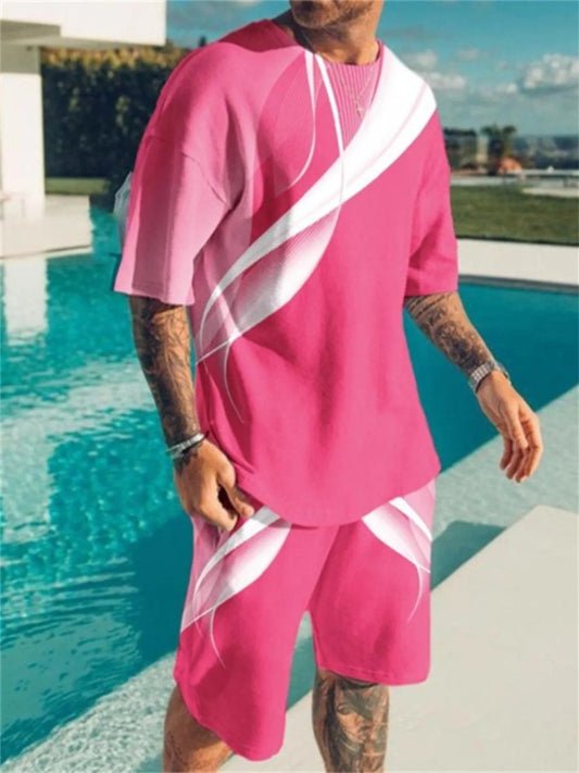 Men's Full Size Contrast Short Sleeve Top and Shorts Set Plus Size