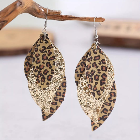 Leopard Print Leather Leaf Drop Earrings