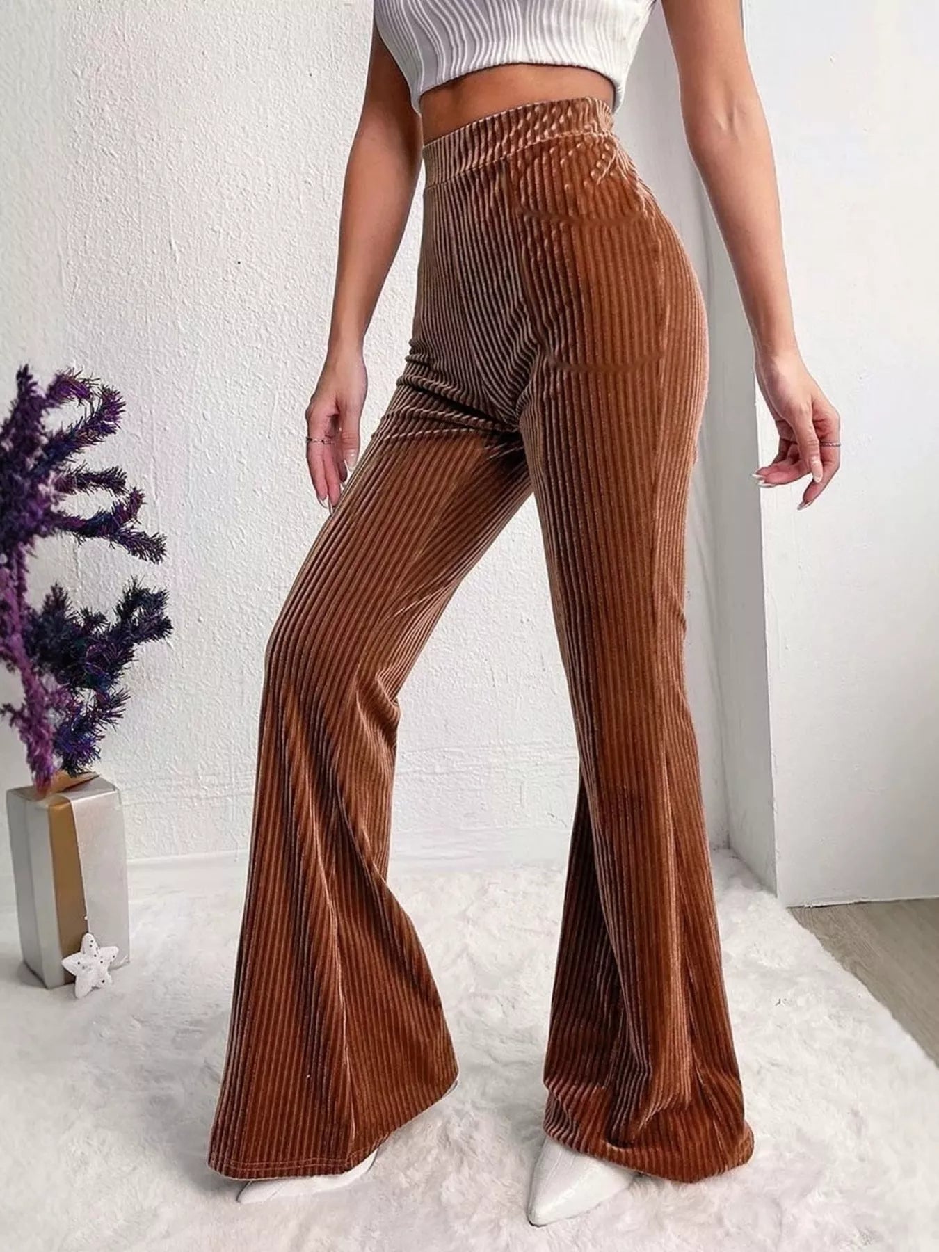 Full Size High-Waisted Velvet Flare Pants Plus Size