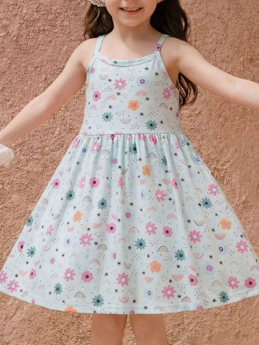 Children's Floral Print Spaghetti Strap A-Line Dress