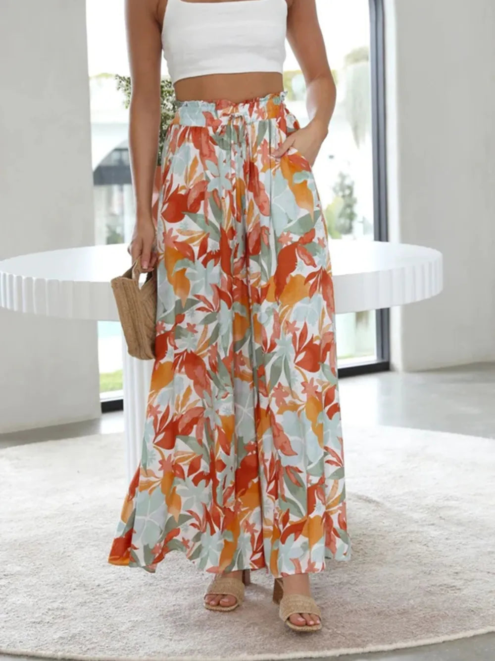 Drawstring Paperbag Waist Printed Wide Leg Pants