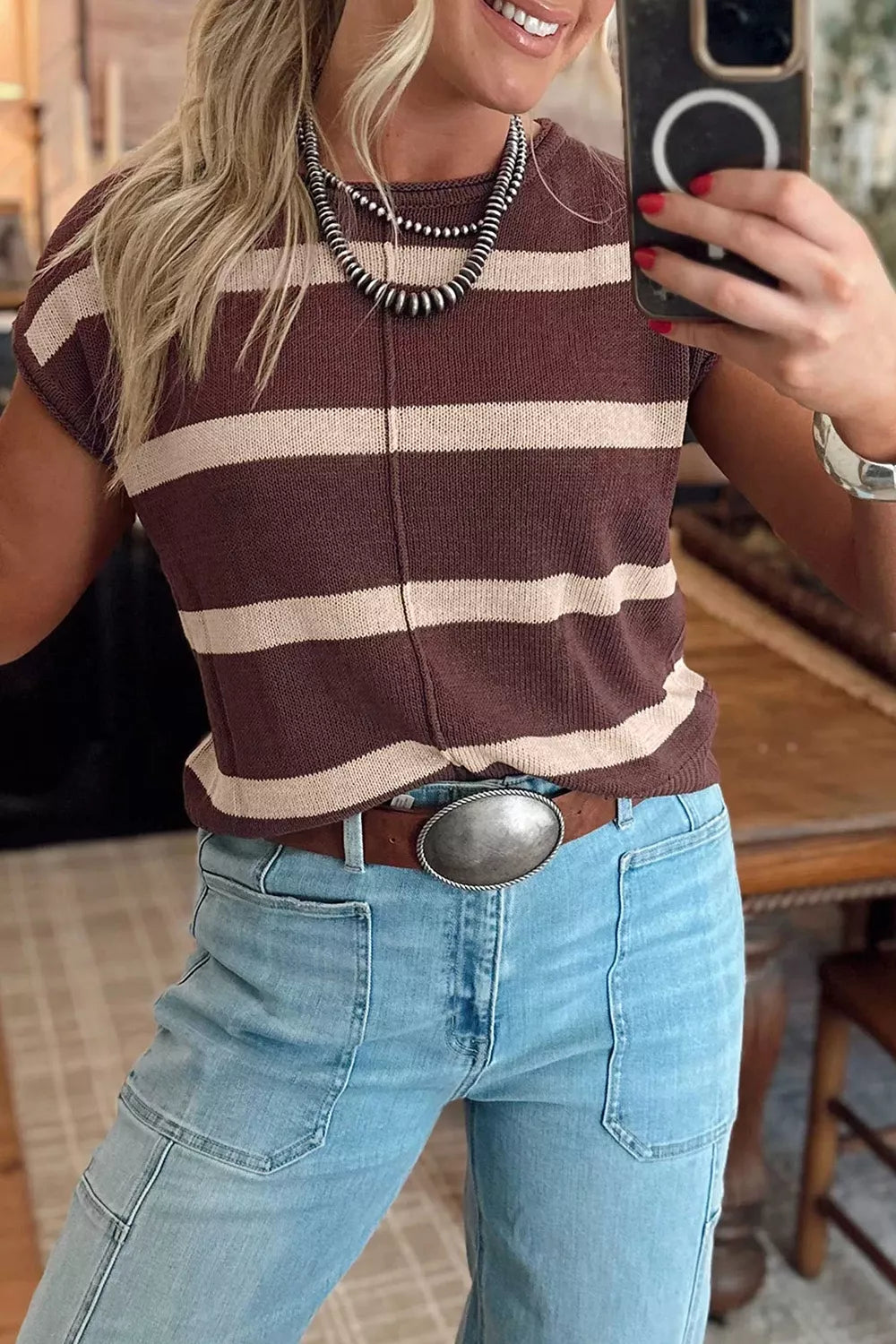 Stripe Knit Western Short Sleeve Sweater