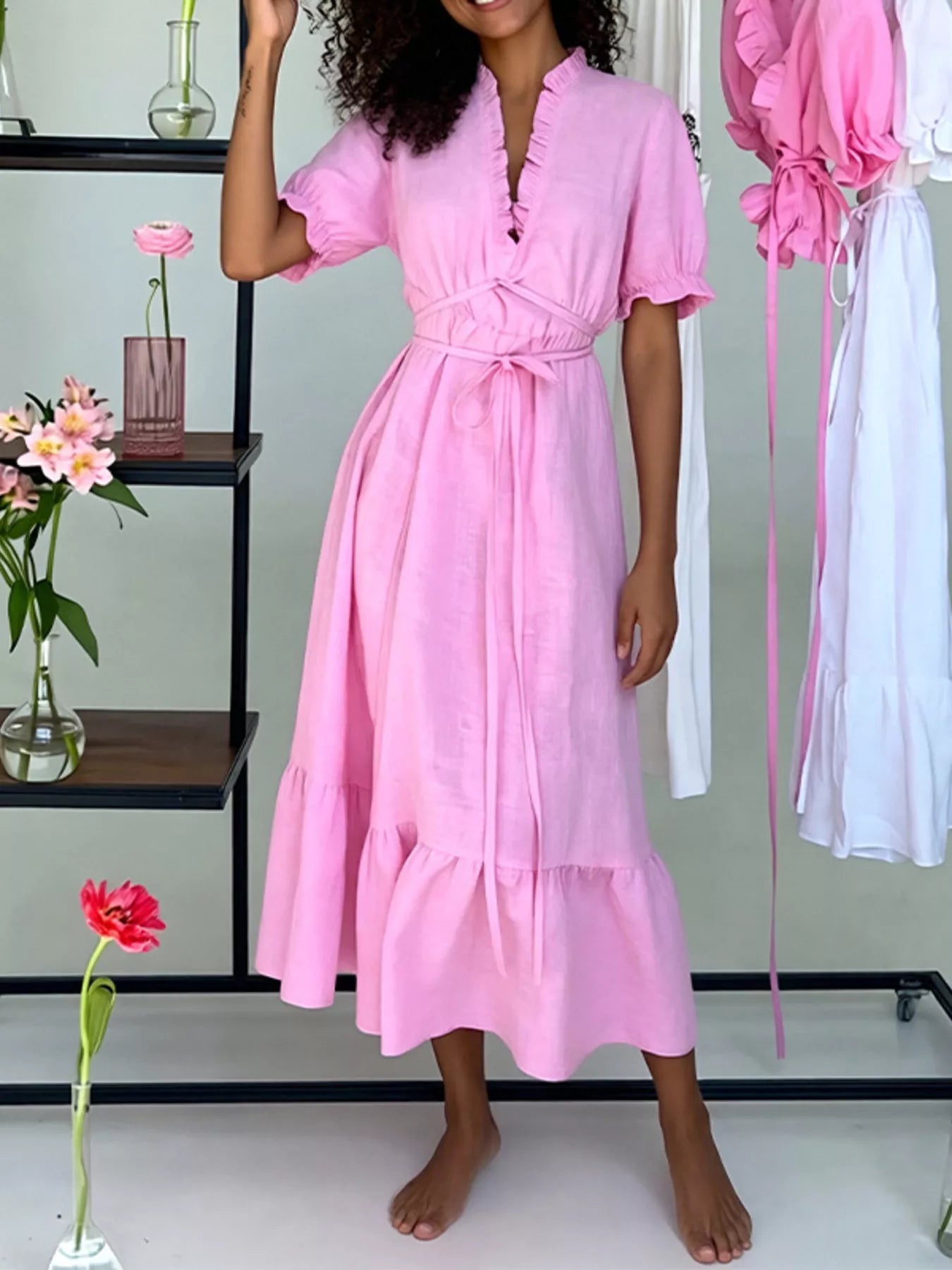 Full Size Puff Sleeve Ruffle Trim Maxi Dress Plus Size