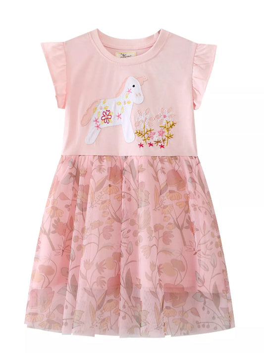 Children's Unicorn Applique Floral Mesh Dress