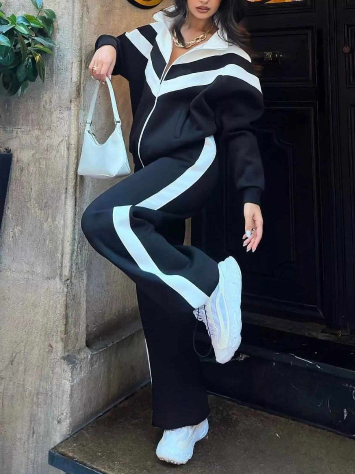 Color Block Zip-Up Outerwear and Pants Set