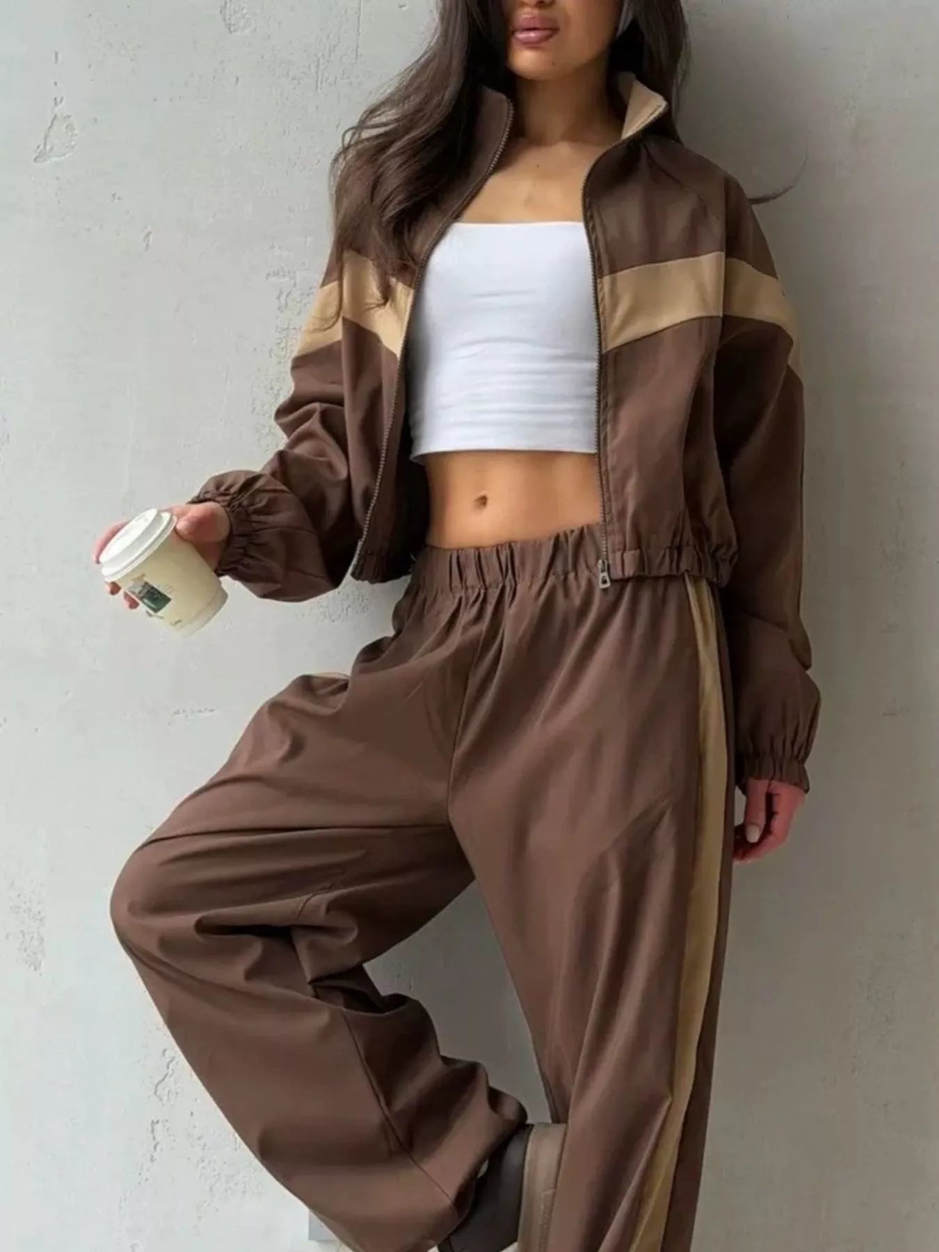 Color Block Zip Up Outerwear and Pants Set