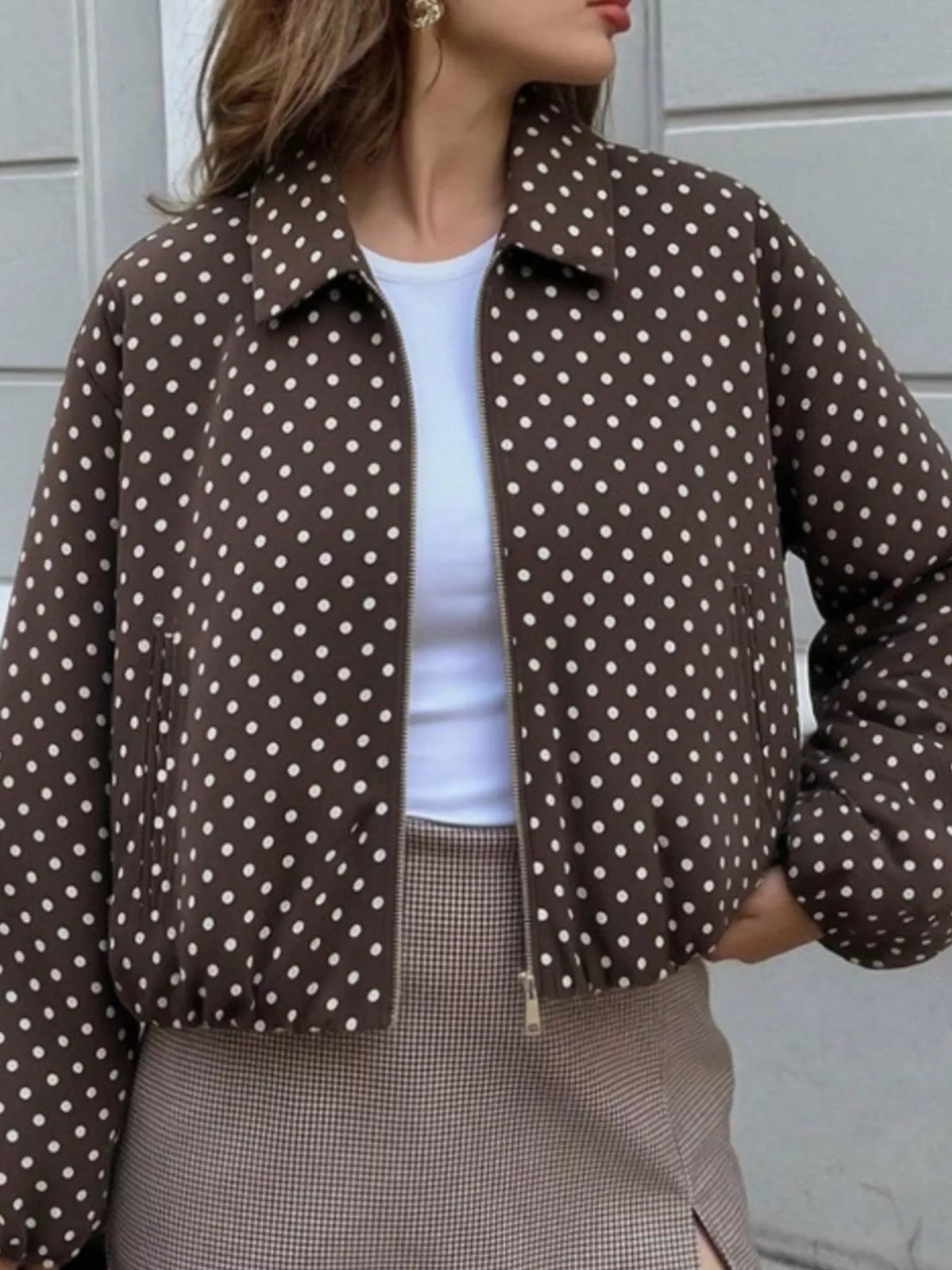 Polka Dot Casual Zip-Up Jacket