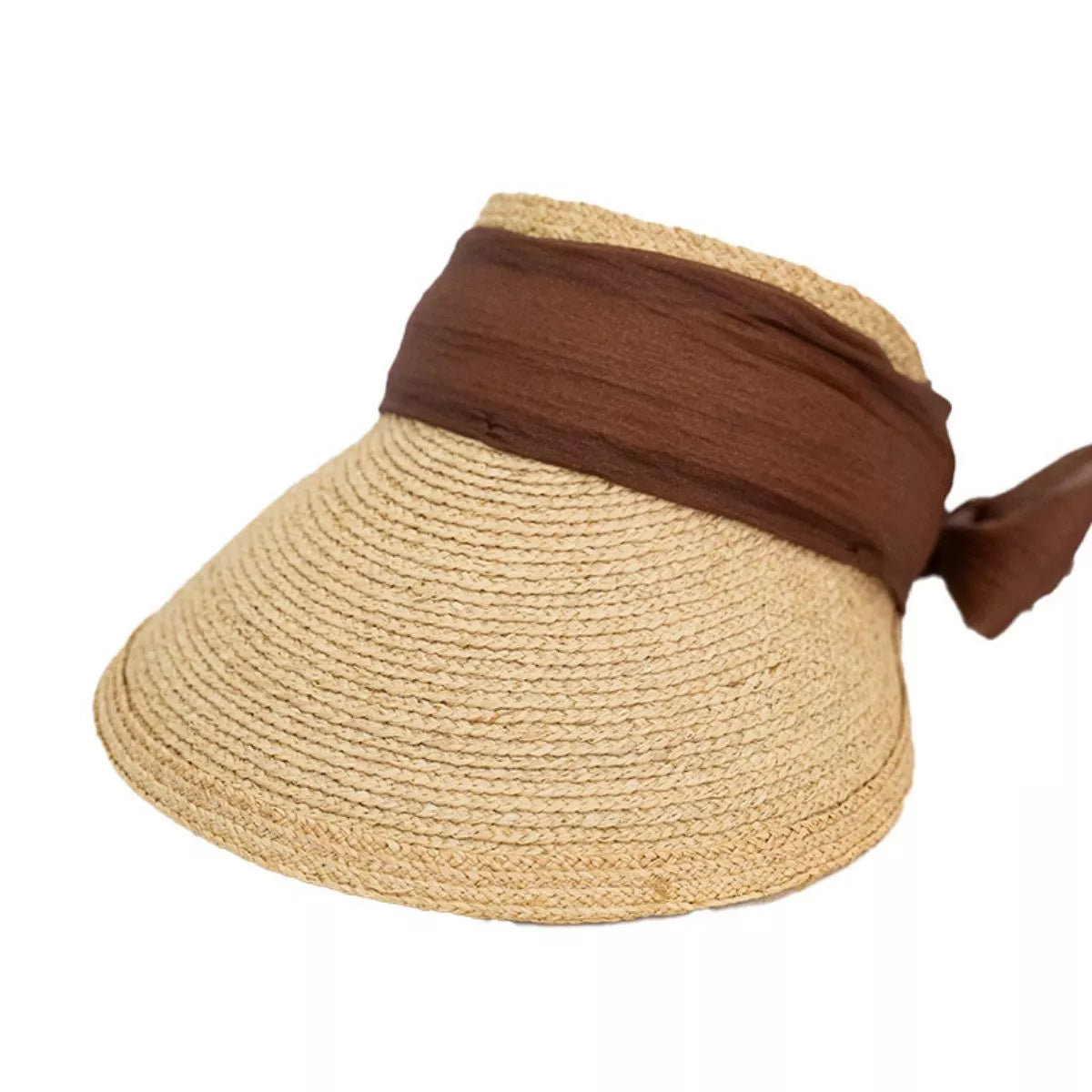 Ribbon-Tie Straw Visor Sun Hat