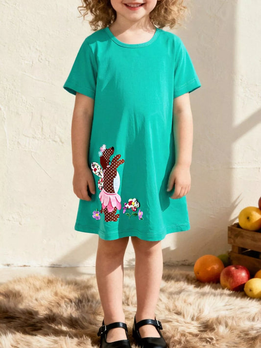 Children's Dog Embroidered Round Neck Dress