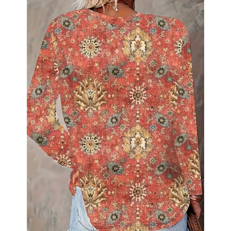 Women's Geometric Print Long Sleeve Loose Casual Tee