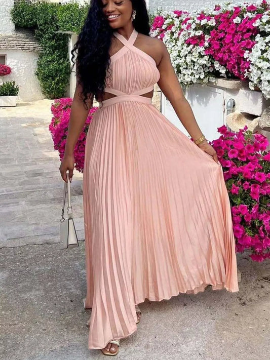 Halter Neck Pleated Maxi Dress