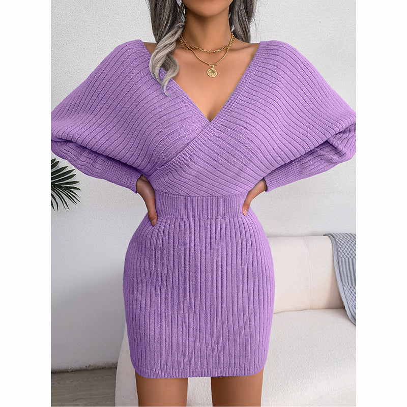 Women's Batwing Sleeve Sweater Dress - Sexy Off The Shoulder V-Neck Mini Dress, Solid Color (See size chart where applicable)