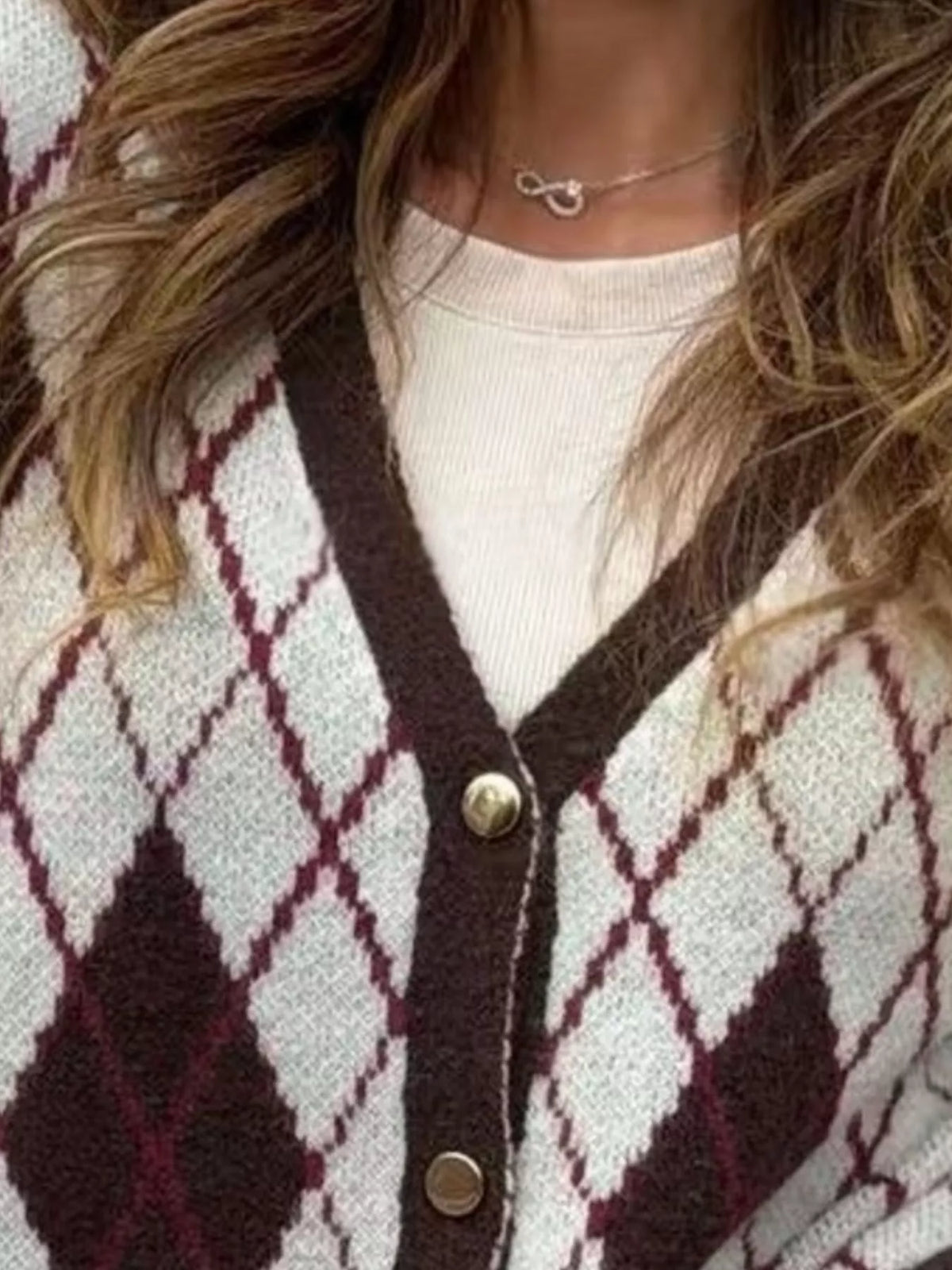 Full Size Argyle Pattern V-Neck Button-Down Knit Cardigan Plus Size