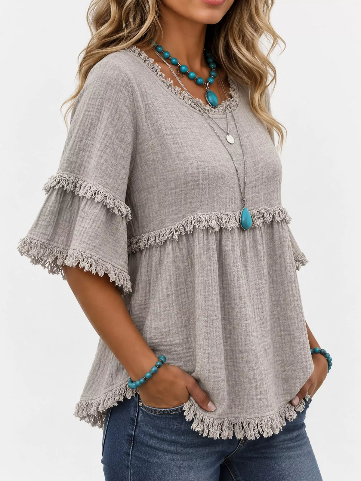 Full Size Frayed Edge Textured Blouse Plus Size