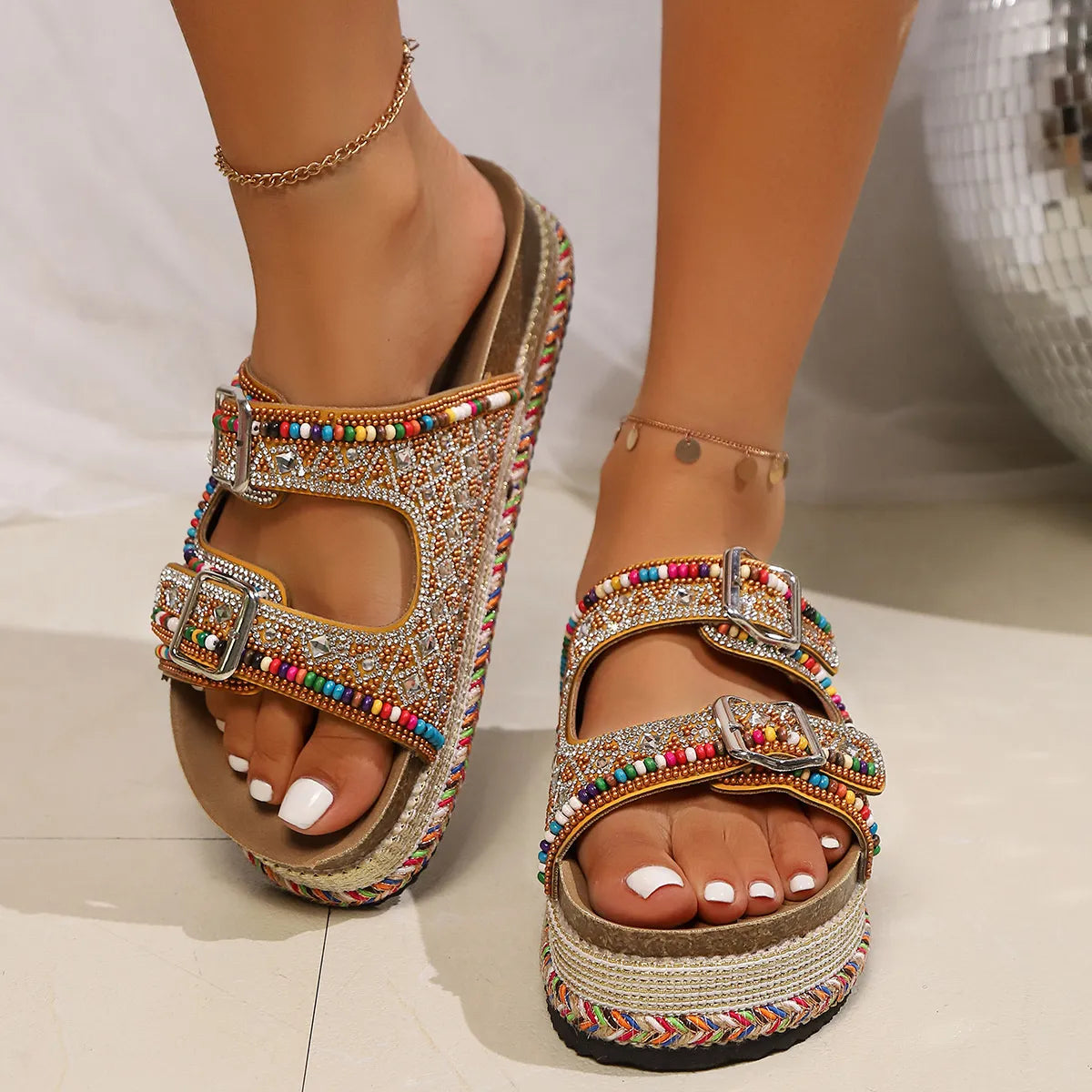 Beaded Buckle Platform Sandals