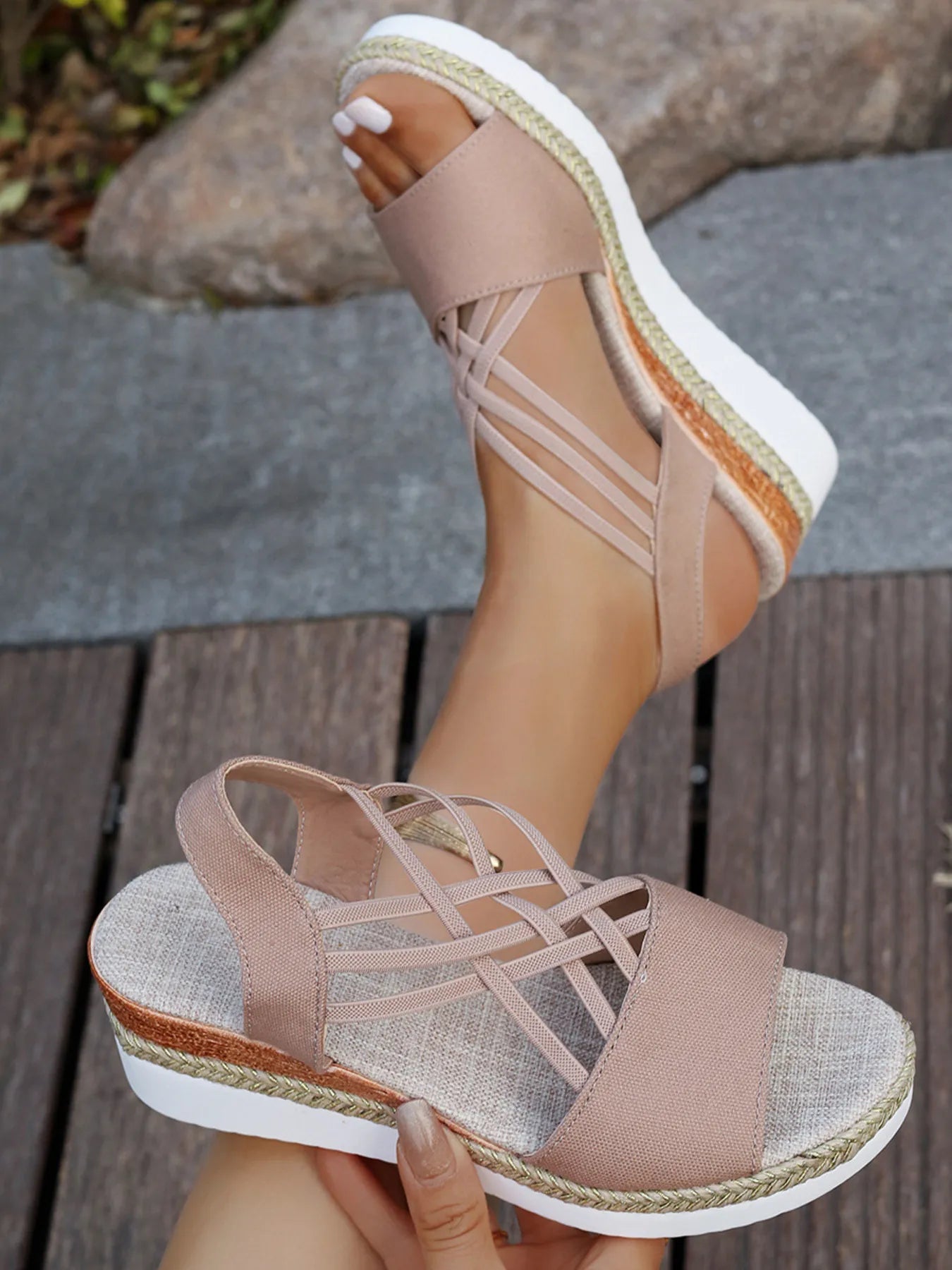 Cross-Strap Platform Wedge Sandals with Ankle Strap