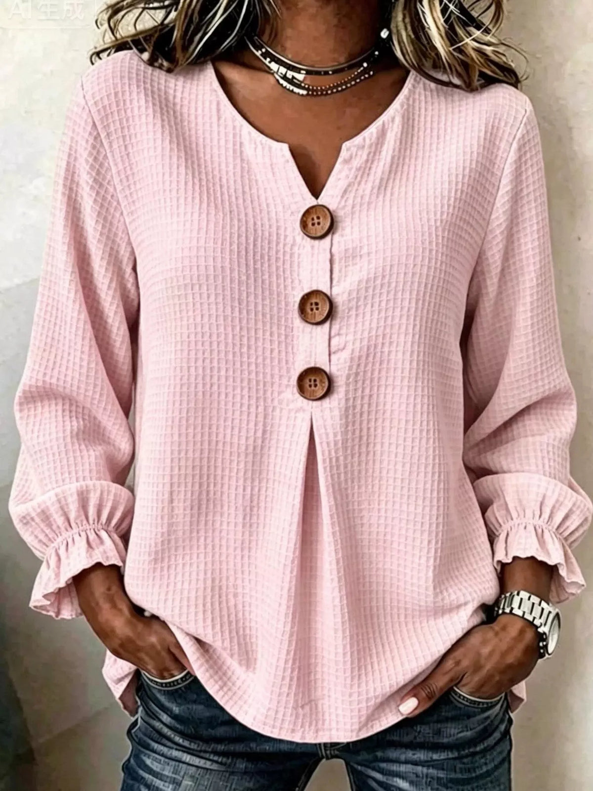 Full Size Waffle Knit Flounce Sleeve Blouse Plus Size
