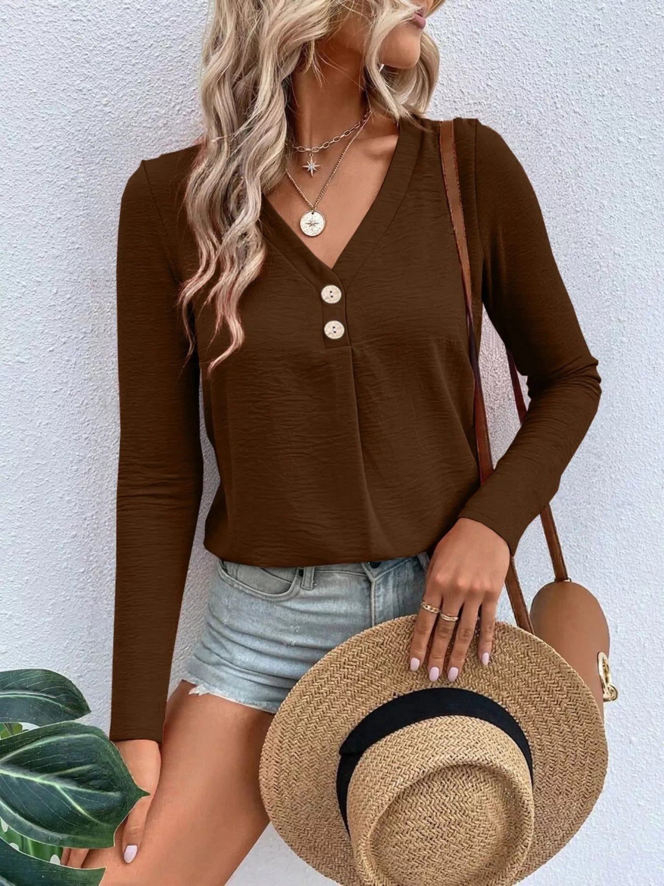 Full Size V-Neck Decor Button Long Sleeve T-Shirt Plus Size
