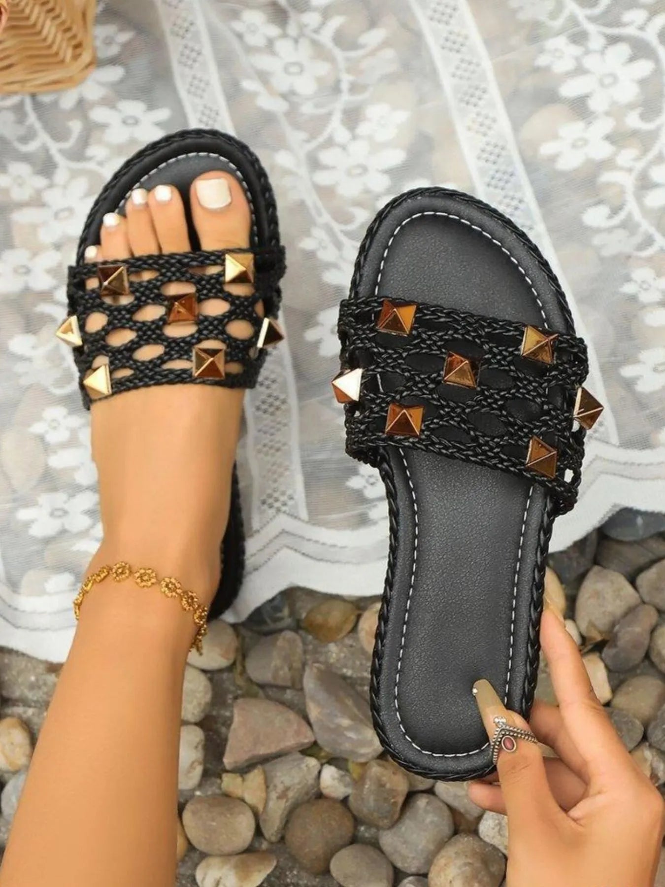 Hollow Out Studded Flat Sandal
