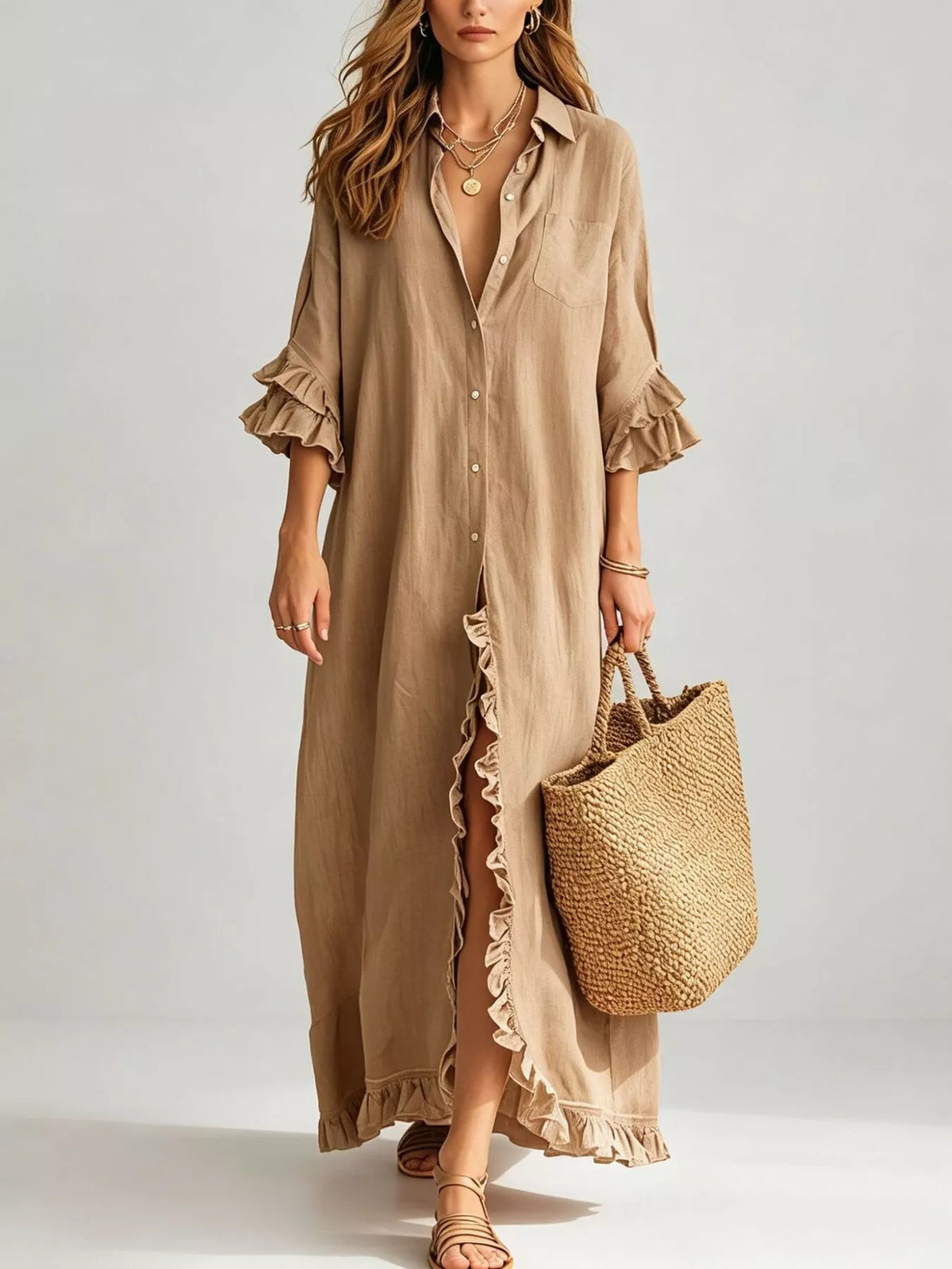 Full Size Ruffled Trim Button-Down Maxi Shirt Dress Plus Size