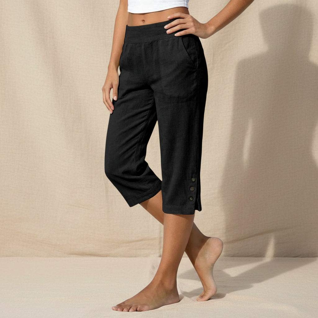 Women's High-Waist Cropped Straight-Leg Pants – Button Detail Slit Front