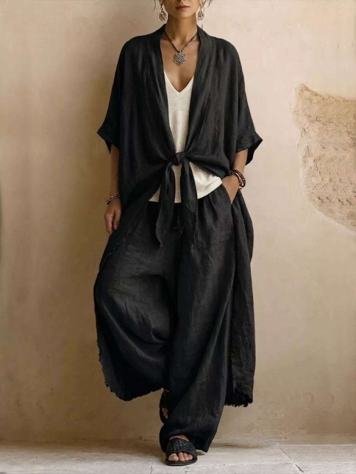 Full Size Tie-Front Cardigan and Wide-Leg Pants Set Plus Size