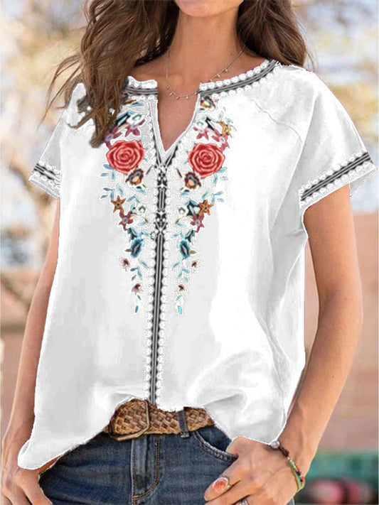 Full Size Floral Notched Short Sleeve Blouse Plus Size