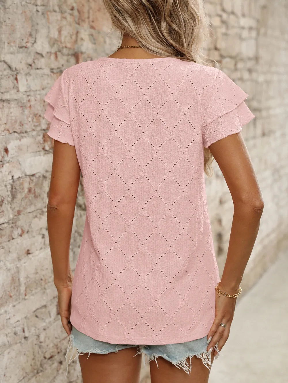 Eyelet Round Neck Double Layered Ruffled Short Sleeve Top