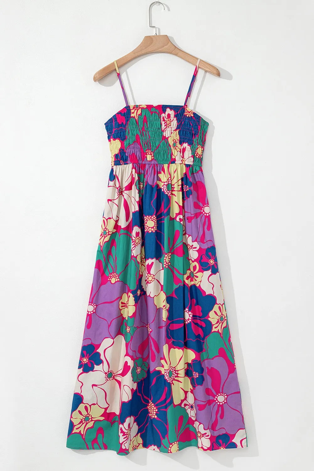 Floral Print Shirred Spaghetti Strap Loose Maxi Dress