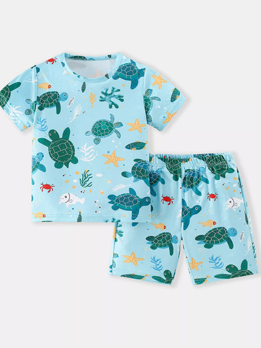Children's Turtle Print Round Neck Tee and Shorts Set