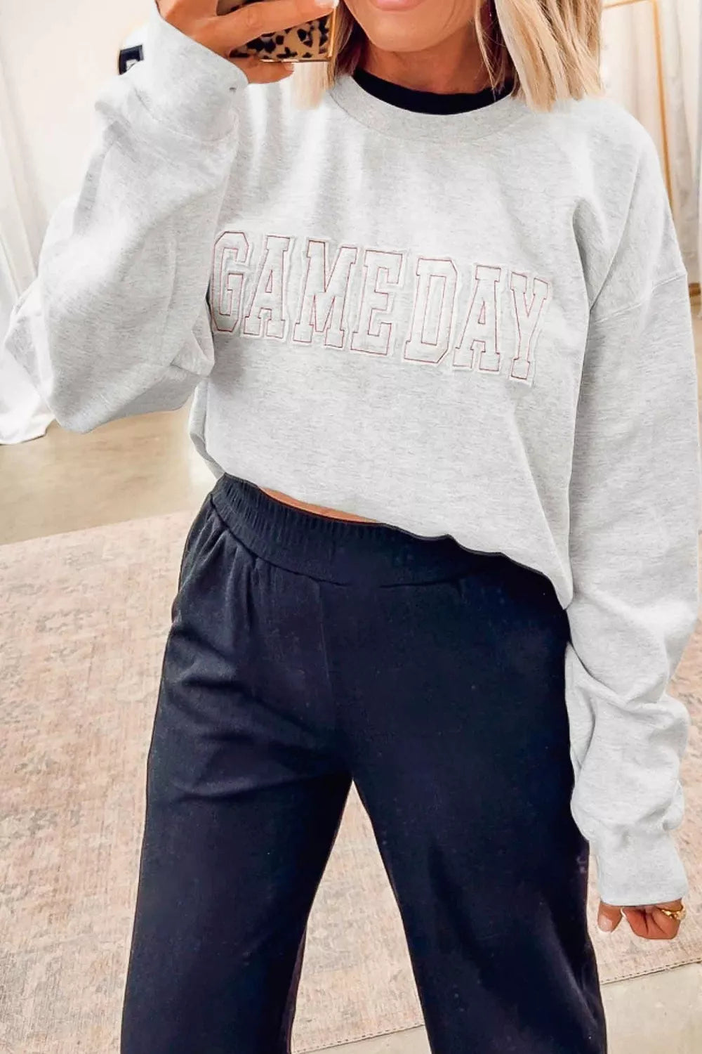 Game Day Letter Embroidery Long Sleeve Round Neck Sweatshirt