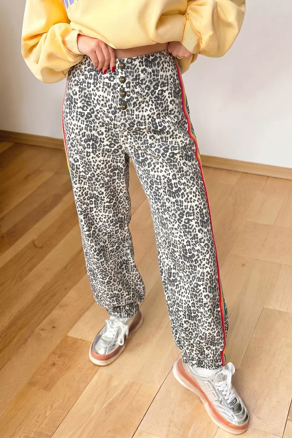 Leopard Print Rainbow Striped Detail Buttoned Loose Jogger Jeans