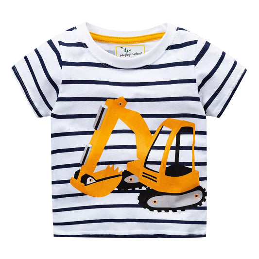 Children's Striped Excavator Round Neck T-Shirt