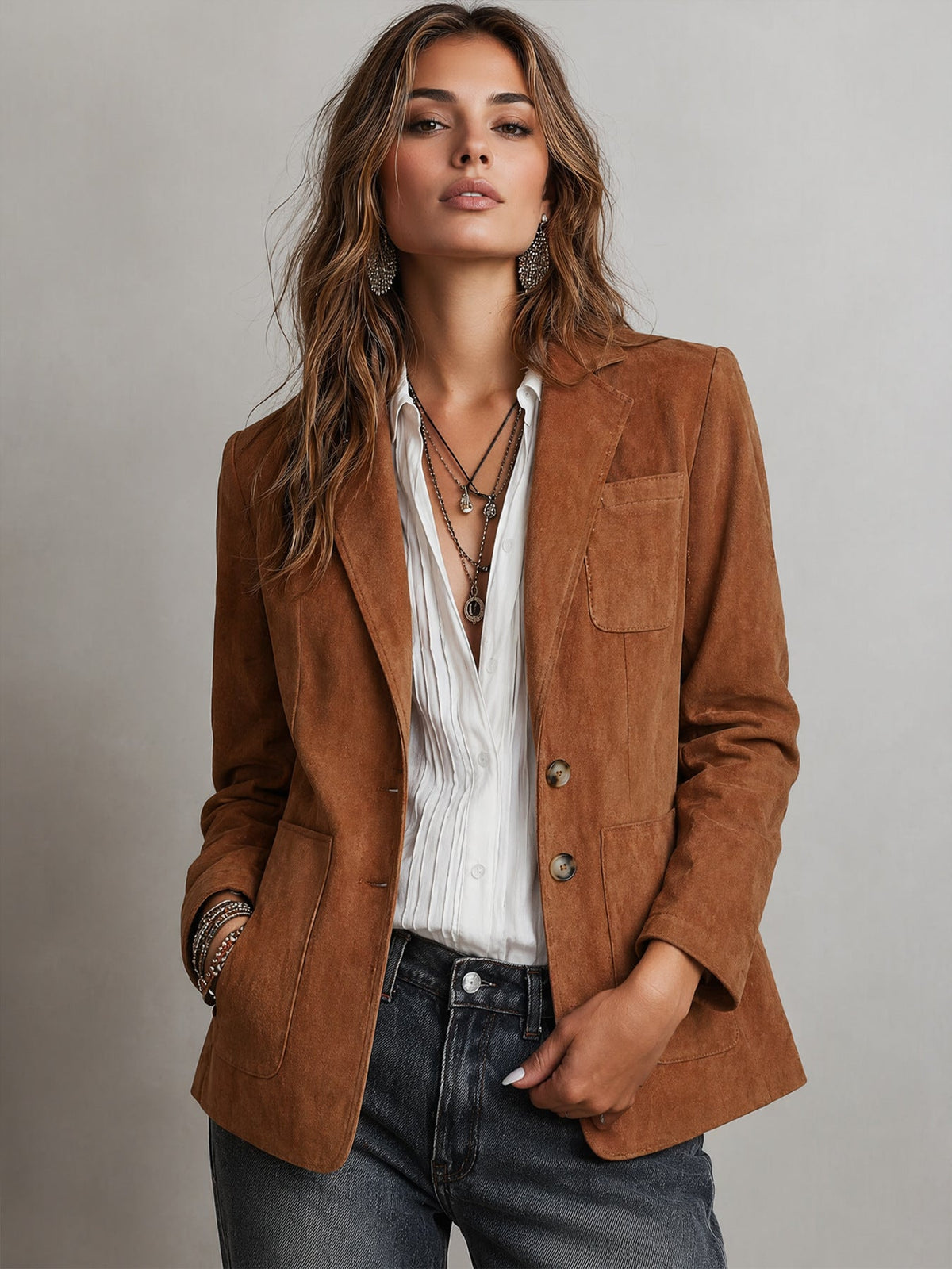 Women's Loose-Fit Faux-Suede Lapel Blazer