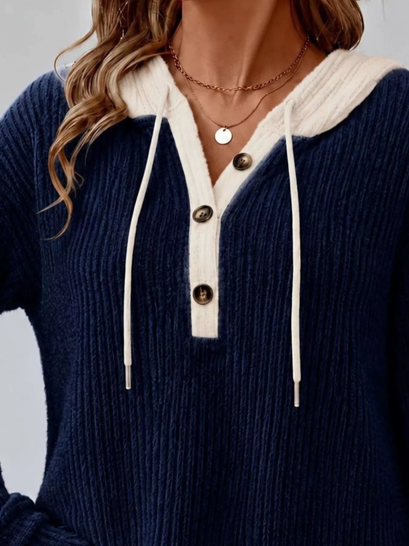 Full Size Drawstring Button Detail Hooded Sweater Plus Size