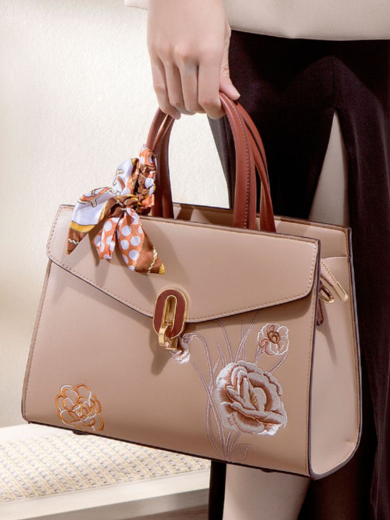 Floral Embroidered Top Handle Handbag
